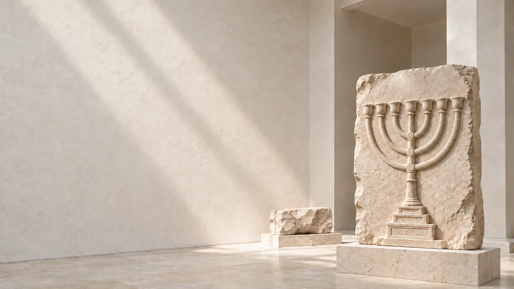 A limestone menorah relief in the ORIEL gallery